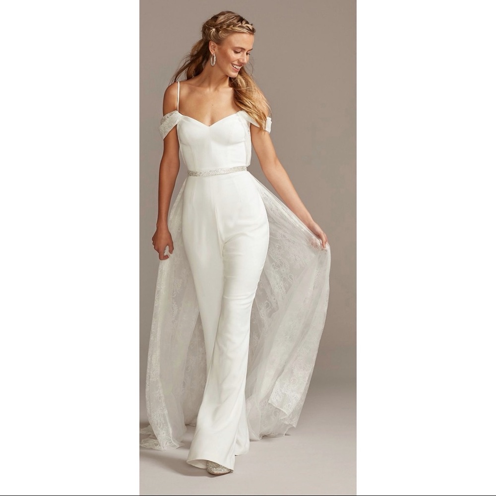 Off-the-Shoulder Wedding Jumpsuit with Lace Train